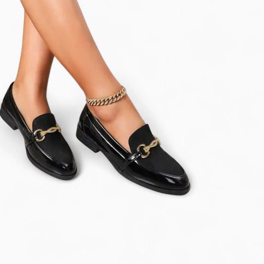 Mocassin verni noir et velours à mors doré