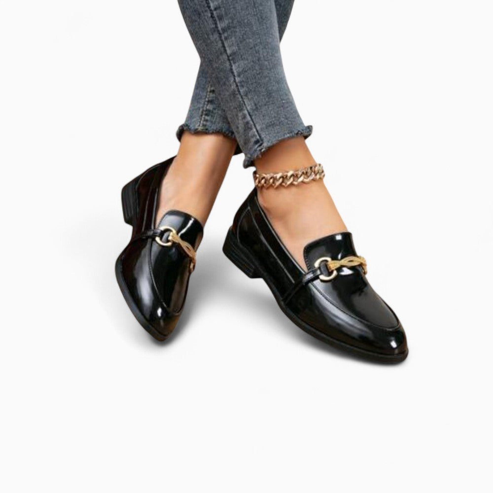 Mocassins vernis noirs et velours à mors dorés