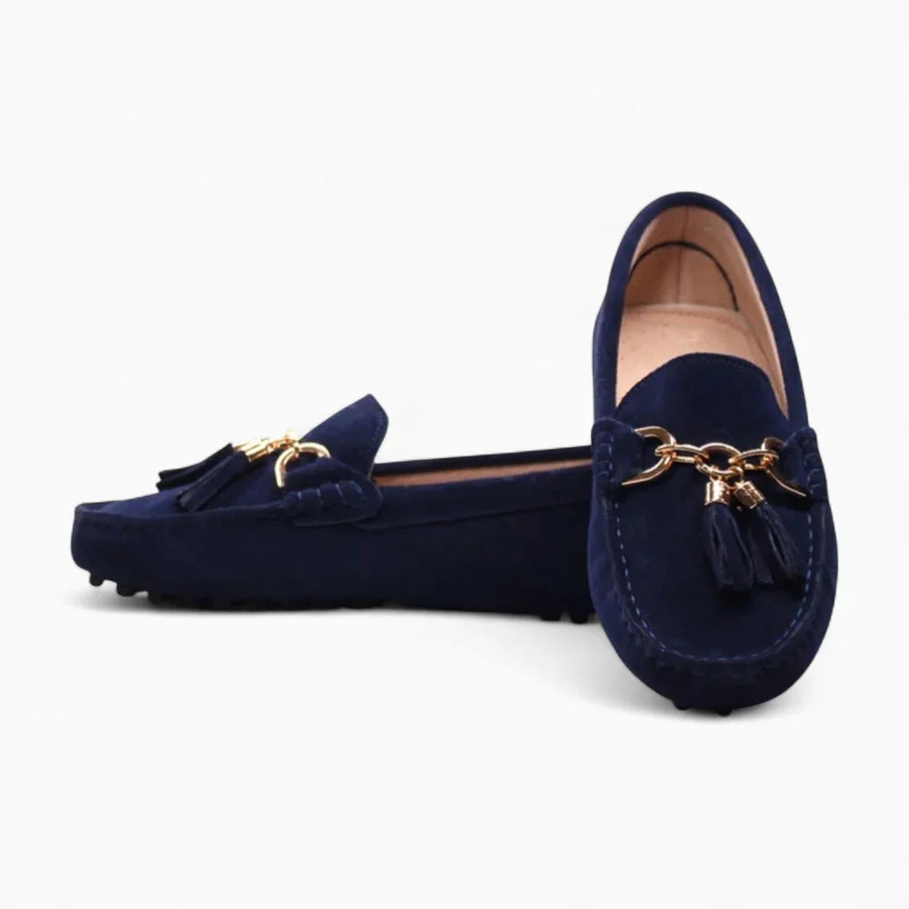 Mocassins bleus avec pompons